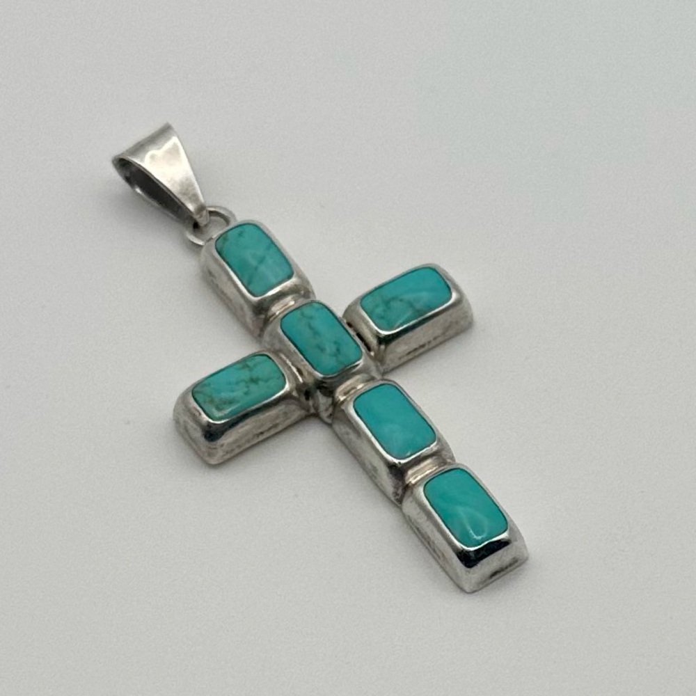 Vintage Sterling Silver Bezel Set Turquoise Cross Pendant Mexico